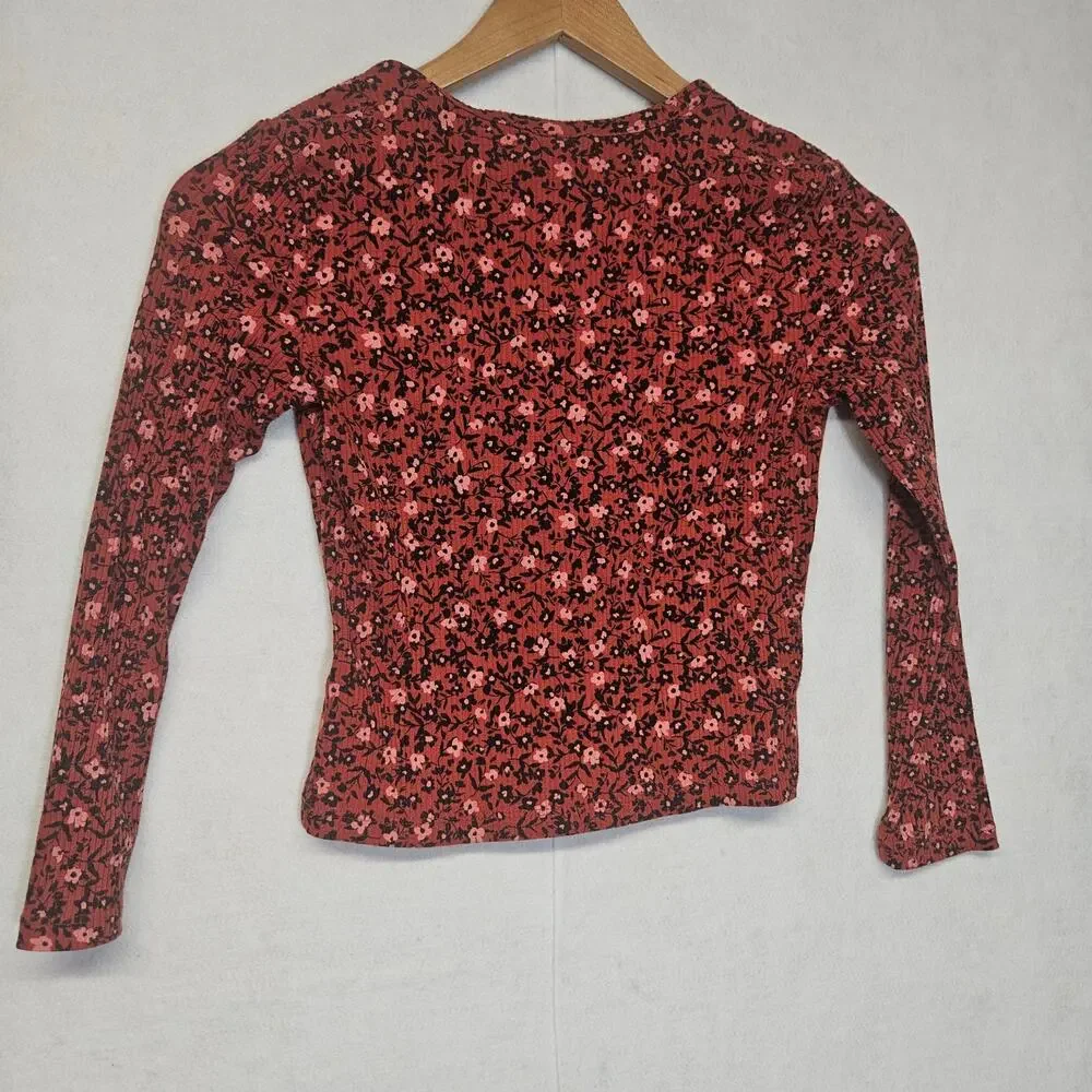 Old Navy Girls Red Floral Fitted Long Sleeve Button Front Top